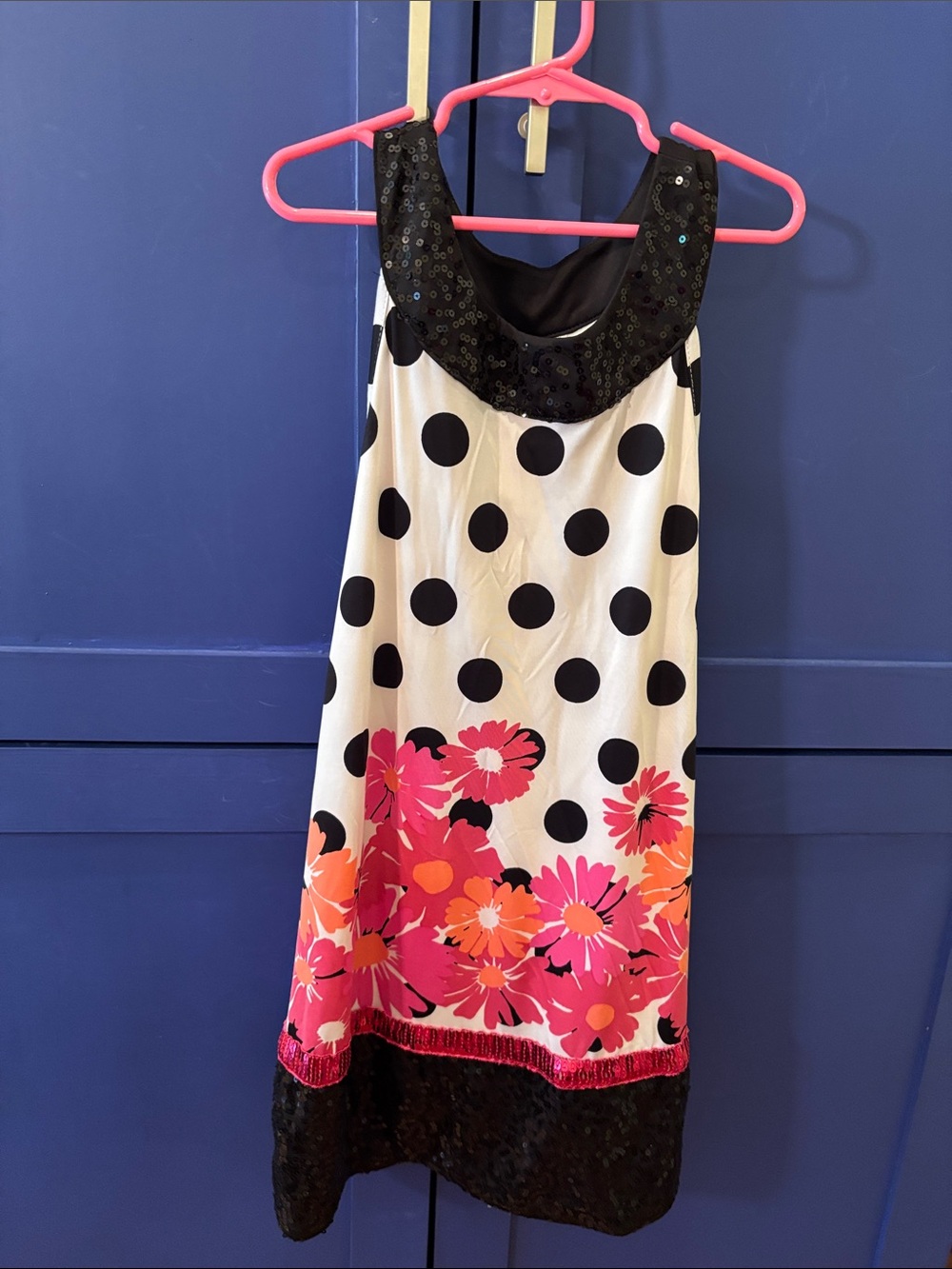 Justice White Polka Dot Dress with Black Sequin Yoke and Pink-Orange Flowers